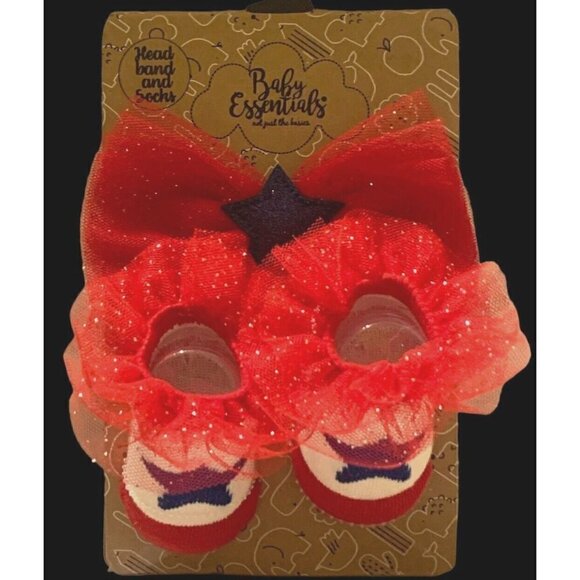 Baby Girls Patriotic Sparkle Headband And Socks Set Size 0-12M Red White Blue - Picture 8 of 11